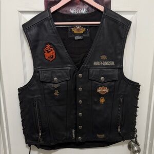 Harley-Davidson Black Leather Vest with Orange Accents